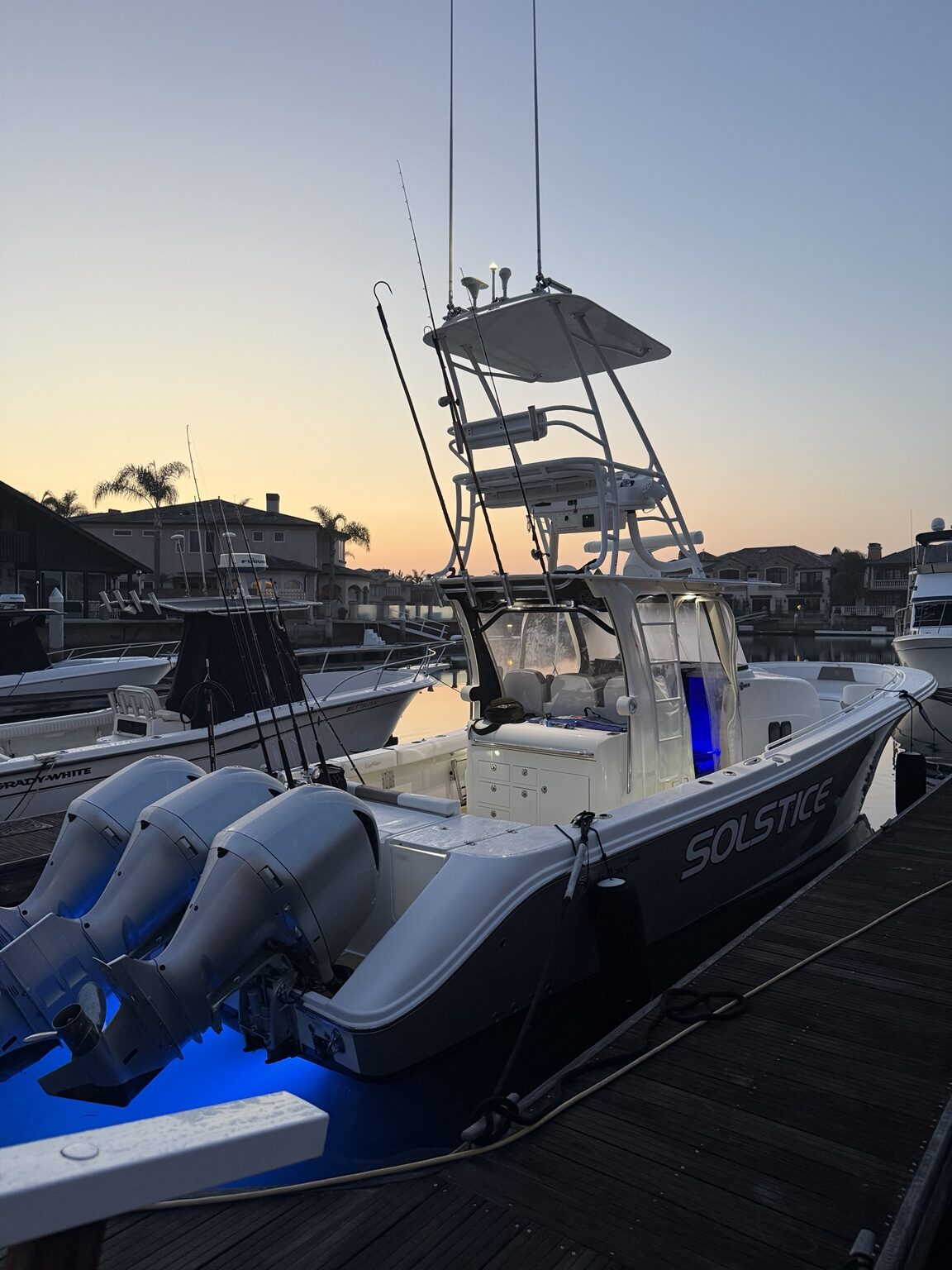 Solstice docked in Huntington Harbour at sunset